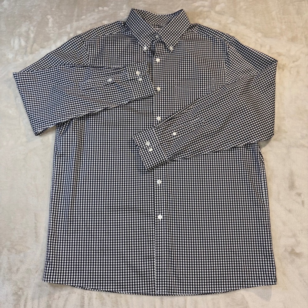 Hart Schaffner Marx Gingham Button Down Shirt Mens Large Navy Blue Non-Iron 100s